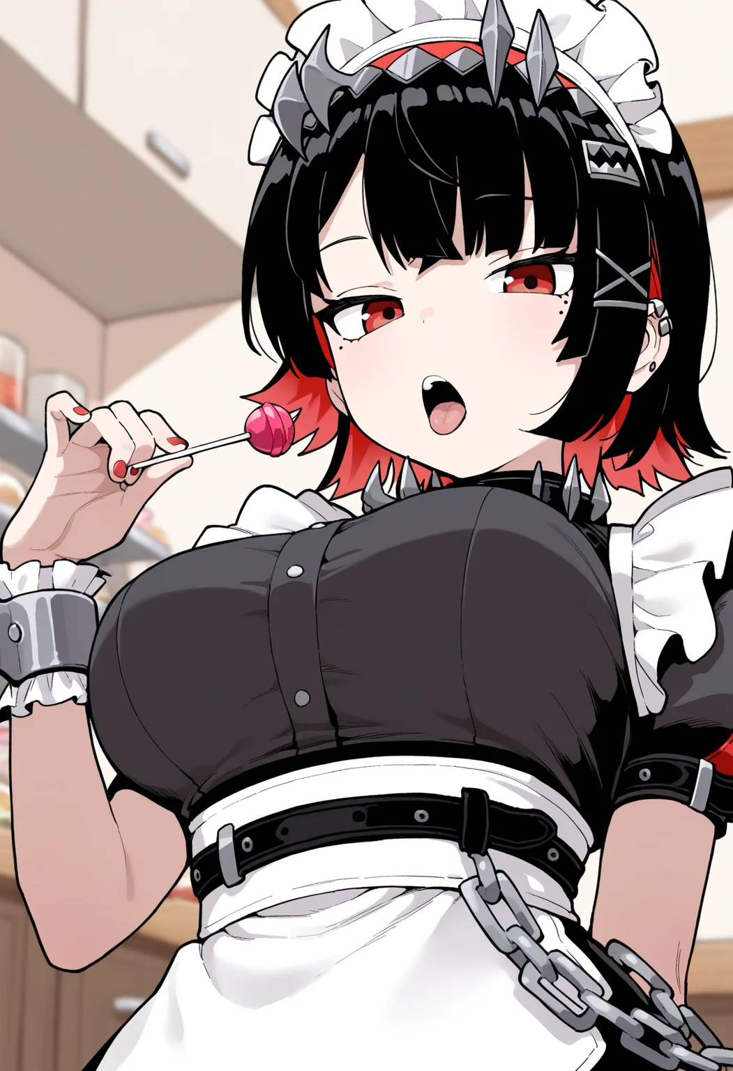 masterpiece,best quality,amazing quality,
1girl, food, solo, candy, breasts, black hair, maid headdress, lollipop, holding, holding food, red eyes, colored inner hair, looking at viewer, holding lollipop, multicolored hair, mole under eye, short hair, holding candy, maid, short sleeves, mole, puffy sleeves, wrist cuffs, upper body, apron, bangs, open mouth, puffy short sleeves, tongue, dress, hair ornament, two-tone hair, chain, black dress, large breasts, maid apron,
ellen joe,
<lora:Lativi_V2_epoch_10:1>