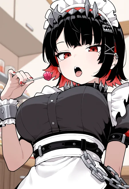 masterpiece,best quality,amazing quality,
1girl, food, solo, candy, breasts, black hair, maid headdress, lollipop, holding, holding food, red eyes, colored inner hair, looking at viewer, holding lollipop, multicolored hair, mole under eye, short hair, holding candy, maid, short sleeves, mole, puffy sleeves, wrist cuffs, upper body, apron, bangs, open mouth, puffy short sleeves, tongue, dress, hair ornament, two-tone hair, chain, black dress, large breasts, maid apron,
ellen joe,
<lora:Lativi_V2_epoch_10:1>
