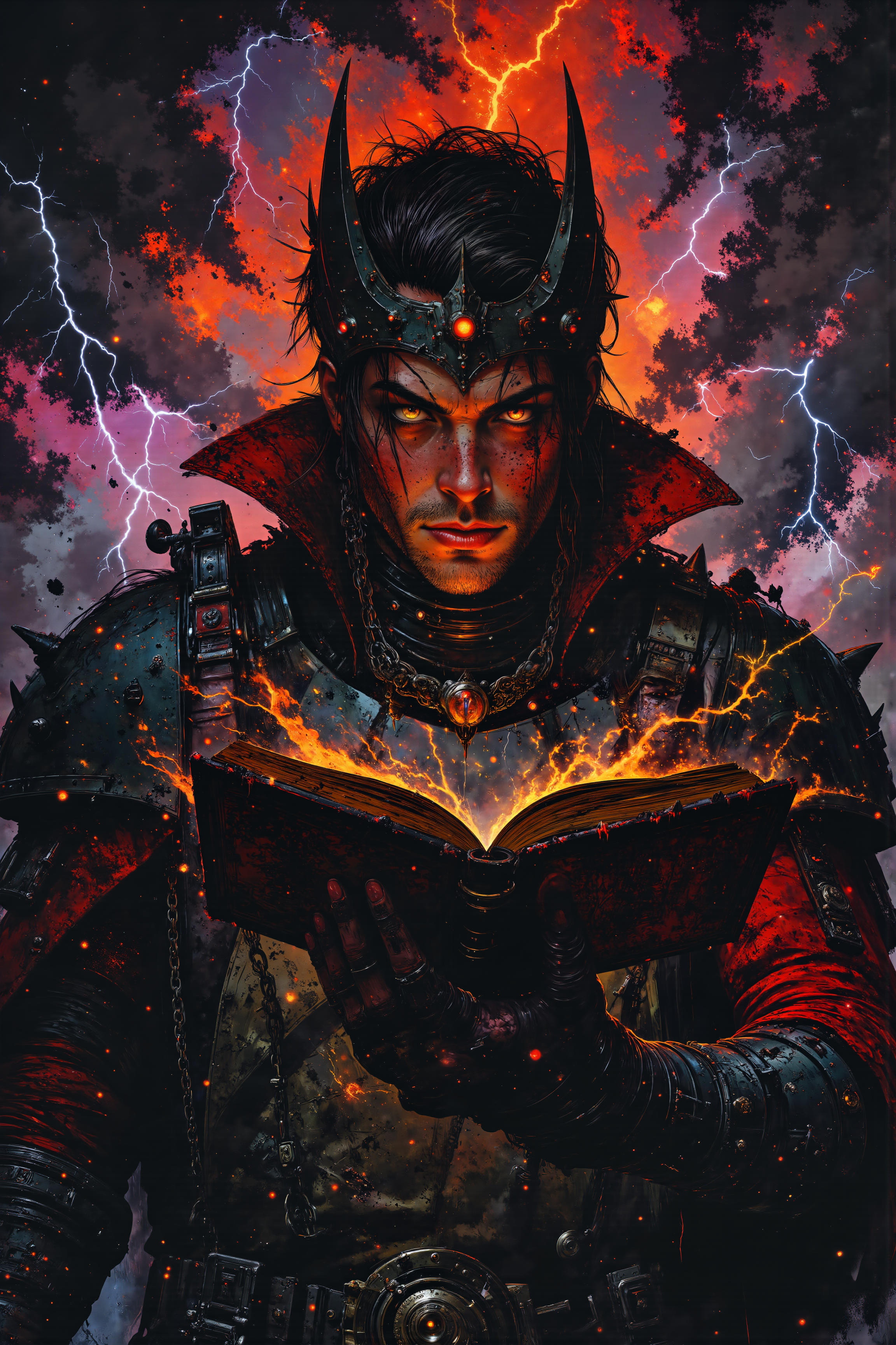 A close-up portrait of a middle-aged male Chaos Space Marine Sorcerer with wild, dark brown hair streaked with gray and pale, scarred skin. His eyes, one a glowing crimson and the other pitch black, are fixed on a hovering, blood-red tome bound in chains and covered in dark runes. He stands in the midst of a swirling warp storm, the sky around him a chaotic mix of purples, reds, and blacks. His black power armor is adorned with spikes and chaotic symbols, pulsating with dark energy, and a tattered red cloak billows around him, seemingly alive with its own malevolent intent. A jagged crown of black iron rests upon his head, with dark tendrils of energy seeping from it and merging with the storm. His gauntleted hand hovers over the tome, which emits an unsettling whispering sound, as if the book itself is alive. The warp storm intensifies, lightning crackling around him as the tome begins to open, revealing pages filled with ancient, forbidden knowledge. His expression is one of grim determination and dark ambition as he prepares to channel the chaotic power of the warp through the cursed artifact. detailmaximizer, MythP0rt<lora:midjourney_whisper_flux_lora_v01:0.55><lora:aidmaMJ6.1-FLUX-V0.1:0.4><lora:FluxMythP0rtr4itStyle:0.4><lora:detailed_flux_ntc:2.2><lora:aidmaImageUpgrader-FLUX-V0.1:0.65><lora:Luminous_Shadowscape-000016:0.8>