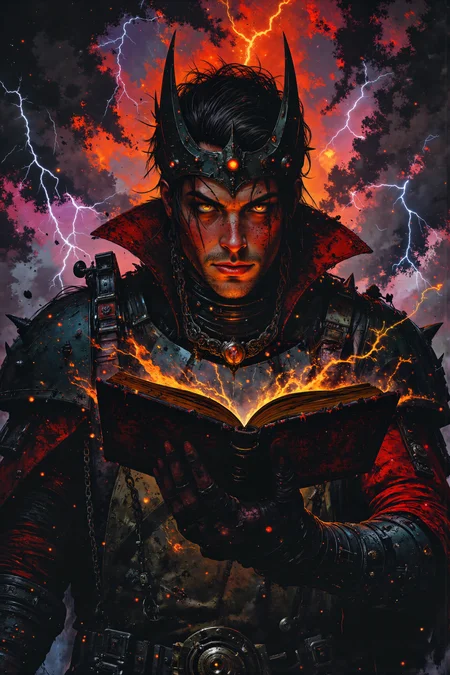 A close-up portrait of a middle-aged male Chaos Space Marine Sorcerer with wild, dark brown hair streaked with gray and pale, scarred skin. His eyes, one a glowing crimson and the other pitch black, are fixed on a hovering, blood-red tome bound in chains and covered in dark runes. He stands in the midst of a swirling warp storm, the sky around him a chaotic mix of purples, reds, and blacks. His black power armor is adorned with spikes and chaotic symbols, pulsating with dark energy, and a tattered red cloak billows around him, seemingly alive with its own malevolent intent. A jagged crown of black iron rests upon his head, with dark tendrils of energy seeping from it and merging with the storm. His gauntleted hand hovers over the tome, which emits an unsettling whispering sound, as if the book itself is alive. The warp storm intensifies, lightning crackling around him as the tome begins to open, revealing pages filled with ancient, forbidden knowledge. His expression is one of grim determination and dark ambition as he prepares to channel the chaotic power of the warp through the cursed artifact. detailmaximizer, MythP0rt<lora:midjourney_whisper_flux_lora_v01:0.55><lora:aidmaMJ6.1-FLUX-V0.1:0.4><lora:FluxMythP0rtr4itStyle:0.4><lora:detailed_flux_ntc:2.2><lora:aidmaImageUpgrader-FLUX-V0.1:0.65><lora:Luminous_Shadowscape-000016:0.8>