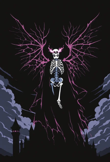 content_safe, safe_pos, score_9, score_8_up, score_7_up,
High Quality, Solo
Male, Muscular male, Zombie Lich Overlord(skeleton face), large skeletal bat wings, Tattered robes, magical energy, flaming eyes, dark energy
floating in the middle of the sky
Large imposing tower, evil architecture, high up in the clouds
Shot from behind, high shot, black background, blending, flat color, vector art, illustration, vector illustration, cel shading, simple coloring,