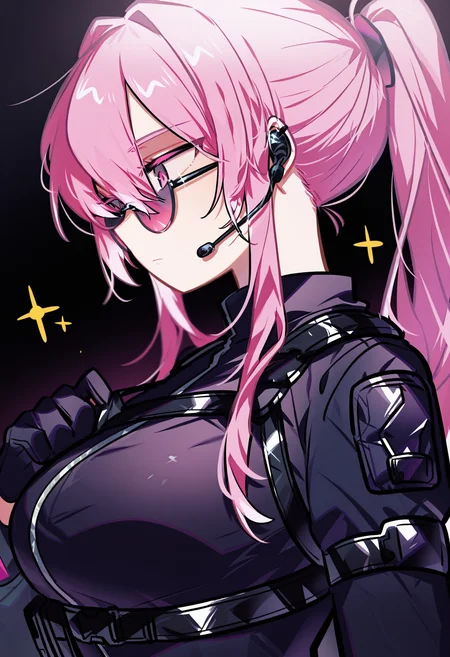 1girl, solo, pink hair, ponytail, headset, earpiece, long hair, official alternate costume, gloves, upper body, sunglasses, pink eyes, tinted eyewear, black gloves, breasts, sparkle, from side, chest harness, jacket, black jacket, harness, sidelocks, bangs, closed mouth, shirt, tactical clothes,
masterpiece,best quality,amazing quality, <lora:omoyunakyu715-_style_Illustrious:1>, omoyu_nakyu715,