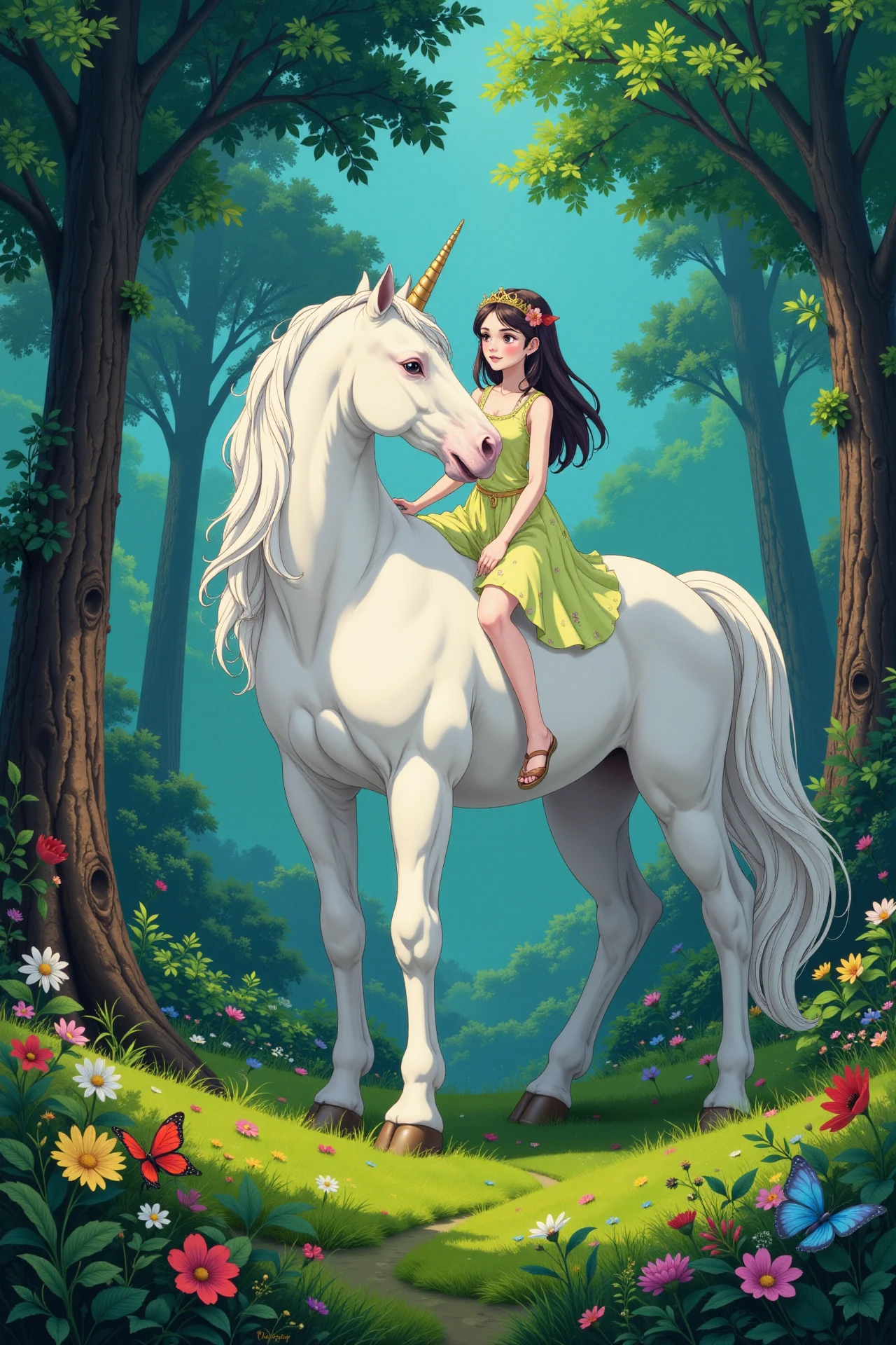 an unicorn with a woman in a fantasy forest beautiful  landscape, day, very intricate, very detailed, sharp, bright, colorful, <lora:Hand v2:0.5> <lora:Anti-Blur:1><lora:Insane Detail Slider:0.25>  <lora:flux.1_lora_flyway_Epic-detail_v2:0.3> <lora:fluxenhancer:0.25> <lora:Anime_style:0.6> anime style