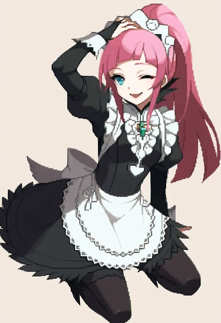 score_9, score_8_up, score_7_up, source_anime, BREAK, solo, 1girl, <lora:Dengeki_Bunko-pdxl_Fp:1>, simple background, full body,  <lora:felicia-fe-richy-v1_xl:1>, feliciadef, pink hair, ponytail, blue eyes, maid headdress, brooch, maid apron, black thighhighs, bridal gauntlets, smile, kneeling, hand on own head, looking at viewer, one eye closed, open mouth,