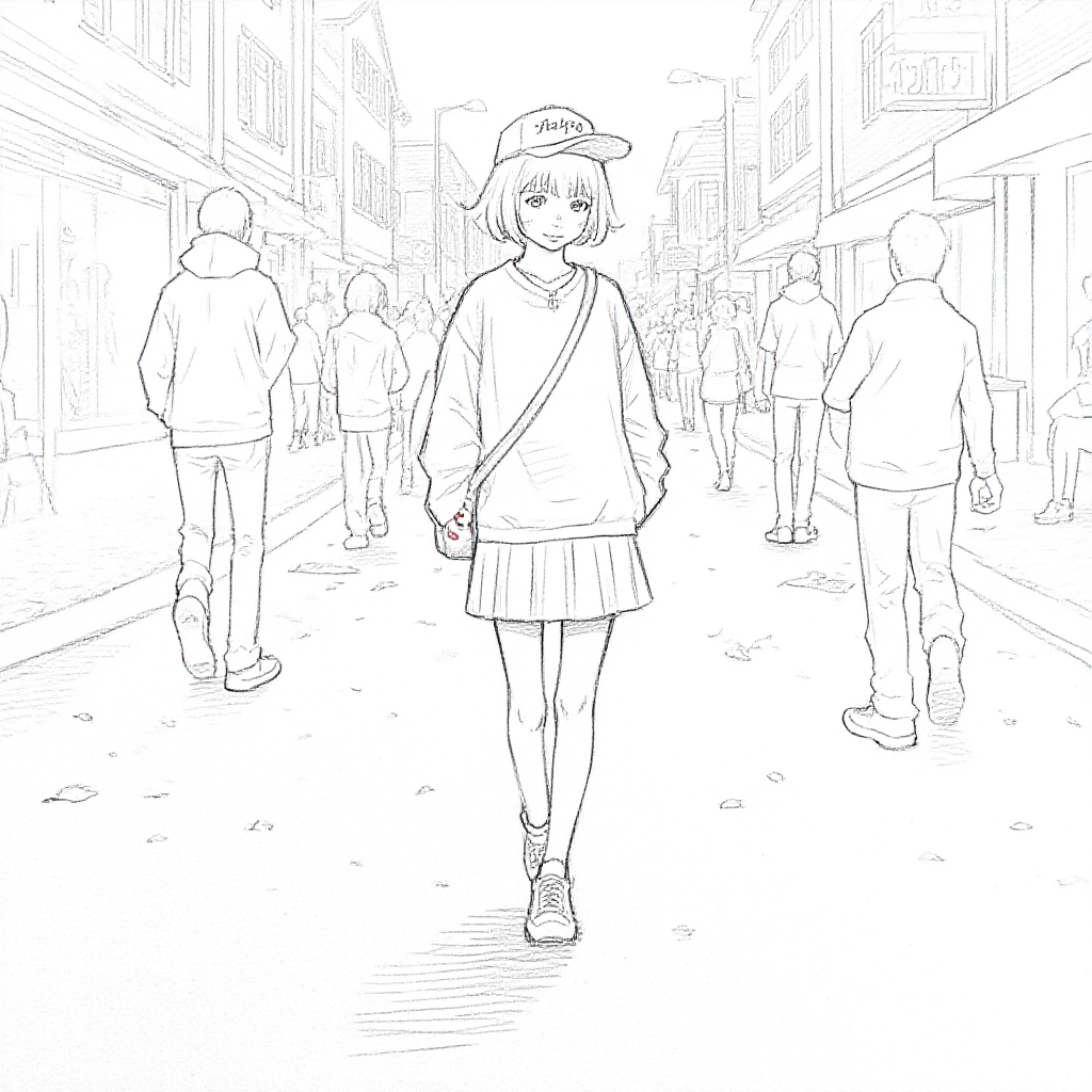 lineart, realistic,lineart drawing, black and white, of a 16 year old girl. she is standing,hands in pockets, shy smile, carrying a  single-shoulder bag,  crowded illuminated street,  cityscape,In autumn, wearing short pleated skirt, long-sleeved sweaters, comfy shoes, fashionable ,baseball cap with the words "love flux" written on it,redhead, short hair, green eyes, detailed face,beautiful face, smile,  necklace, red_nails,