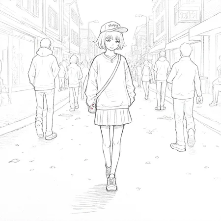 lineart, realistic,lineart drawing, black and white, of a 16 year old girl. she is standing,hands in pockets, shy smile, carrying a single-shoulder bag, crowded illuminated street, cityscape,In autumn, wearing short pleated skirt, long-sleeved sweaters, comfy shoes, fashionable ,baseball cap with the words "love flux" written on it,redhead, short hair, green eyes, detailed face,beautiful face, smile, necklace, red_nails,