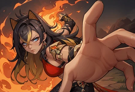 score_9, score_8_up, score_7_up, score_6_up BREAK
<lora:PepePunchMeme_XLPD:0.9> dehya-dh, stern face, 1girl, animal ears, black hair, blonde hair, blue eyes, criss-cross halter, crossed bangs, dark-skinned female, hair between eyes, jewelry, long hair, multicolored hair, streaked hair, surrounded by fire <lora:Dehya_Genshin_Impact:0.7>