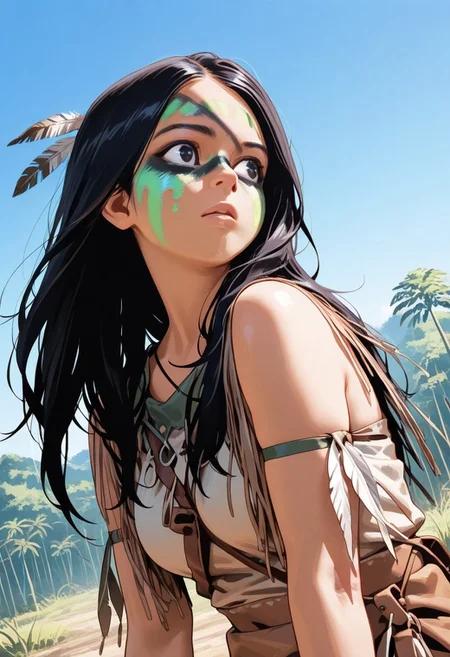 masterpiece, best quality, amazing quality, very aesthetic, absurdres,  newest, detailed background, upper body, outdoors, dynamic angle, 4k, 8k, jungle
naruprey, solo, 1girl, black hair, long hair, green facepaint, black facepaint, multicolor facepaint, feather hair ornament, tribal, 
 <lora:Naru_-_Prey_Illustrious:1>