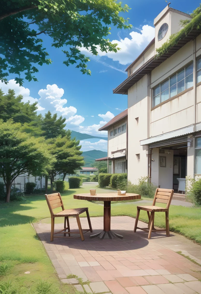 score_9, score_8_up, score_7_up, rating_safe, masterpiece, best quality, absurdres, unity 8k wallpaper, official art, official style, source_anime, uncensored, game cg, megami magazine,
nakaniwa, scenery, sky, tree, cloud, outdoors, building, window, blue sky, day, grass, fence, cloudy sky, bush, table, plant, chair
<lora:gakkou_nakaniwa_PONY_V1:1>