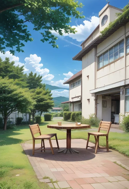 score_9, score_8_up, score_7_up, rating_safe, masterpiece, best quality, absurdres, unity 8k wallpaper, official art, official style, source_anime, uncensored, game cg, megami magazine,
nakaniwa, scenery, sky, tree, cloud, outdoors, building, window, blue sky, day, grass, fence, cloudy sky, bush, table, plant, chair
 <lora:gakkou_nakaniwa_PONY_V1:1>