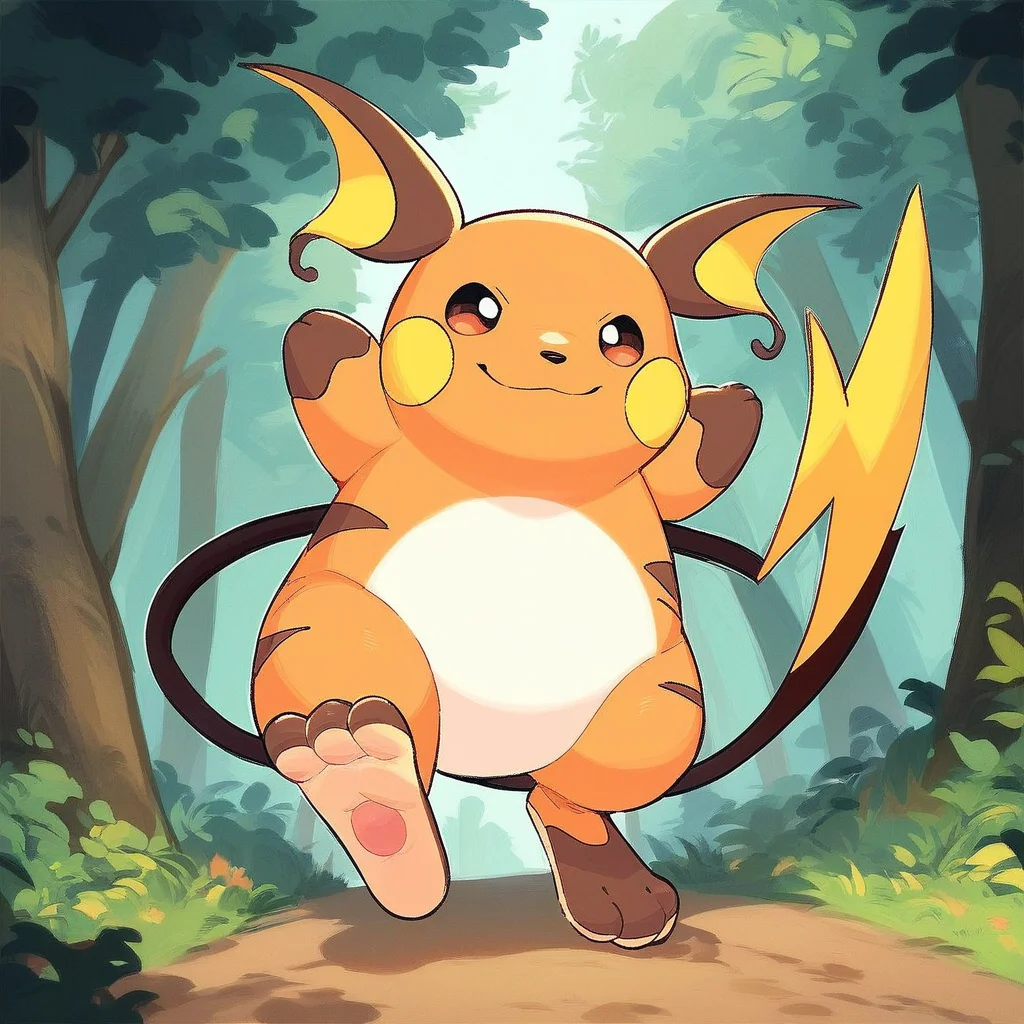 score_9, score_8_up, score_7_up, score_6_up, score_5_up, score_4_up, raichu, pokemon, orange skin, two brown stripes on back, white belly, chubby, brown toes, brown hands, tan soles, single circular paw pad on soles, chubby yellow cheeks, long tail, lighting bolt on tail, pokemon (creature), no humans, pink circular paw pads, outside, forest background, forest scenery, wandering in the forest, walking, looking at viewer, smiling