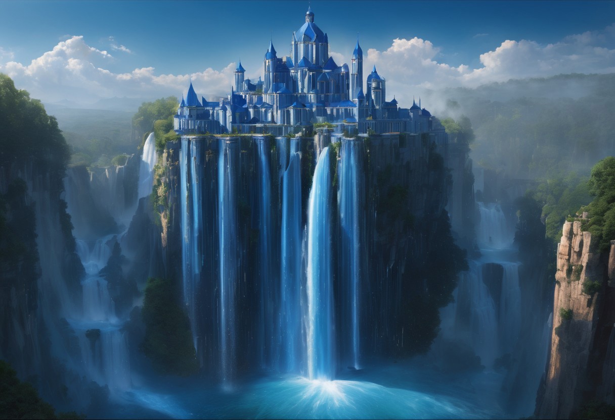 a floating castle in the air, a waterfall flows from the castle to the ground, epic composition, detailed, parts of the castle are made of deep blue crystal, intricate,