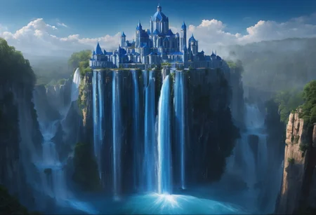 a floating castle in the air, a waterfall flows from the castle to the ground, epic composition, detailed, parts of the castle are made of deep blue crystal, intricate,