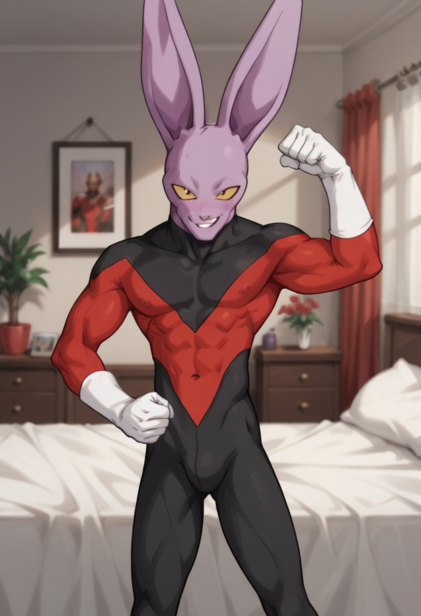 solo,  BREAK, , hetero,  monsterxgirl
 1boy,  <lora:Dyspo_DBZ:1> dyspo, long ear, antho furry male,  purple skin,  red suit,  flexing, standing,  bed, <lora:Pony_QualityV4.0:1.12> zPDXLxxx, zPDXLrl, zPDXL3