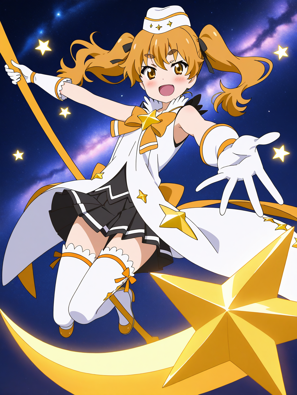 general,highres, ultra-detailed,very aesthetic,best quality ,best hands,  BREAK  <lora:Hikaru_Houkago_no_Pleiades_IS:1> Hikaru(Pleiades), 1girl,solo, twintails, blonde hair, yellow eyes,long hair, hair ribbon, 
thick eyebrows, anime coloring,
 gloves, thighhighs, hat, skirt, star (symbol), smile, open mouth, looking at viewer, magical girl, scythe, white thighhighs, white gloves, ribbon, brown eyes, orange hair, pleated skirt, :d, bow, blush, full body
galaxy, star,