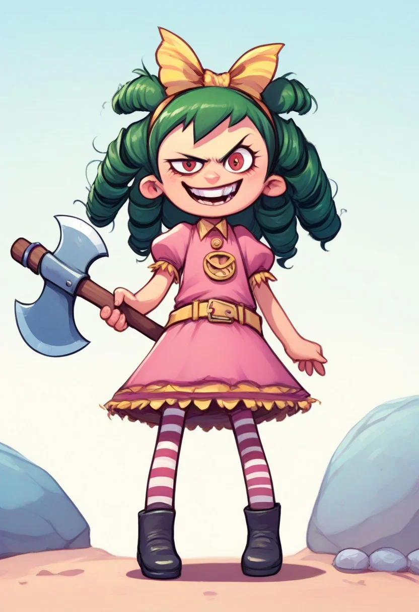 score_9, score_8_up, score_7_up, drawing, 1girl, solo, solo focus, acArtstyle, 1girl, solo, green hair, drill hair, yellow bow, hair bow, dress, puffy sleeves, short sleeves, yellow belt, pantyhose, striped pantyhose, striped, shoes, black footwear
standing, evil smile, holding axe, looking at viewer,