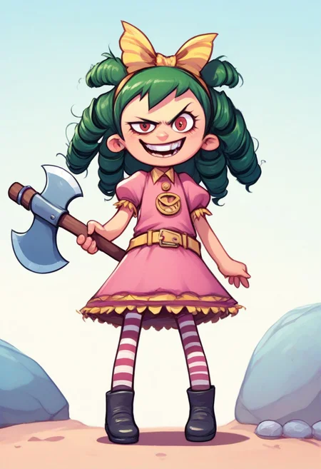 score_9, score_8_up, score_7_up,  drawing, 1girl, solo, solo focus, acArtstyle, 1girl, solo, green hair, drill hair, yellow bow, hair bow, dress, puffy sleeves, short sleeves, yellow belt, pantyhose, striped pantyhose, striped, shoes, black footwear
standing, evil smile, holding axe, looking at viewer,