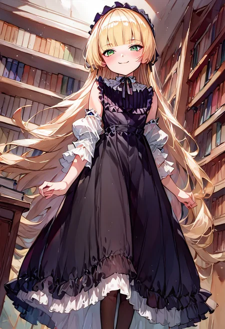 score_9, score_8_up, score_7_up, Expressiveh, source_anime, from below, 1girl, solo, flat chest, bright smile, blush, victorique de blois, blonde hair,long hair,blunt bangs,green eyes,black bonnet, hairband,chin strap,victorique_clothes,gothic, black dress, long dress, ribbon, frills,pantyhose,black shoes,indoor, European style, highly detailed, library,book,chair,sit,watercolor \(medium\), traditional media,