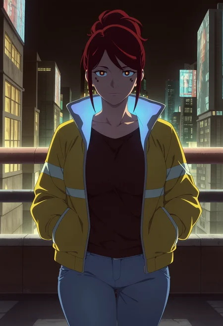 1girl,solo,gloria,mature female,red hair,facial mark,ponytail,anime coloring, 
,shirt,pants,yellow jacket,cowboy shot, looking at viewer, walking,city lights, 
,masterpiece,best quality,amazing quality,<lora:Cyberpunk_Edgerunners-Gloria_Martinez_ix:0.85>