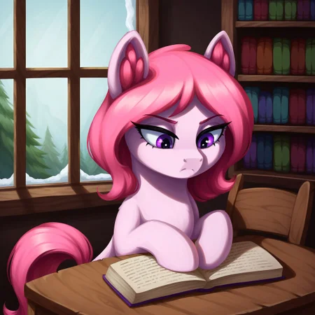 score_9_up, score_8_up, score_7_up, score_6_up, (best quality:1.1), ultra-detailed, high resolution, solo, Fiana_II, pony, mlp, feral, thin eyebrows, purple eyes, long eyelashes, mare, female, pony ears, pink fluff in ears, pale pink fur, short pink mane with red gradient tip, serious expression, frown, :< BREAK black indoors, home, wooden table, winter, large window, spruce forest, sitting, leaning on table, bookshelf, chair, books, inkwell, three quarter view, looking down, detailed facial features, expressiveh, highly visible, sharp focus, anatomically correct, detailed background