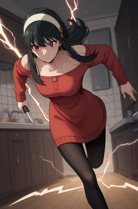 score_9, score_8_up, score_7_up, source_anime,  <lora:Superspeed:0.9> electricity, running, motion blur  <lora:yor-briar-s1-ponyxl-lora-nochekaiser:0.6> yor briar, black hair, red eyes, earrings, white hairband, hairband, long hair, sidelocks, || bare shoulders, collarbone, dress, long sleeves, off shoulder, off-shoulder dress, off-shoulder sweater, pantyhose, red sweater, sweater, sweater dress, thighs, holding kitchen knife