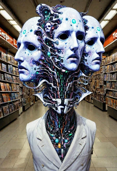 They walk and in hand through GameStop, three faces each, three phantoms of the Opera, an enigmatic op vision of impossible topology, their heads split into sections of sections floating further apart as space expands irrevocably, attached to his neck by a long filament of writhing static where his face once was