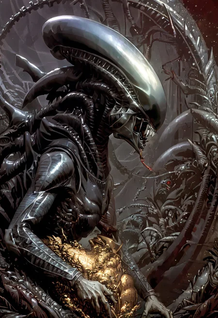 An insanely Detailed Divine Xenomorph, Golden and silver in color, cyberpunk, a crimson tinge to the golden color, Hyperdetailed, Omnipresent, Beautiful, Sinister overtones, otherworldly,