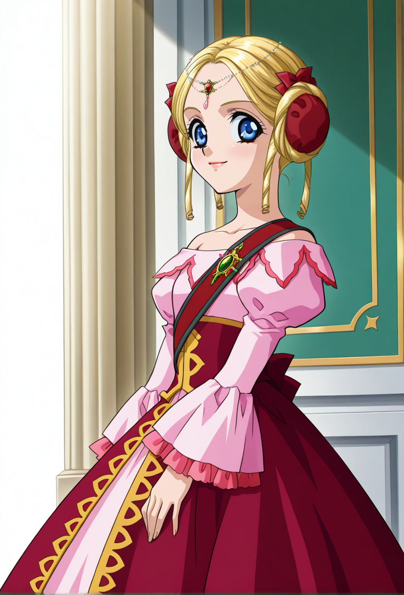 indoor, palace, 
light smile, looking at viewer, from side,
cowboy shot,  dynamic angle,
BREAK,
<lora:shineX_illustriousXL_v01:1.2>
shinedef, double bun, blonde hair, blue eyes, hair bun, parted bangs, jewelry, drill sidelocks,  hair loops,
shinedefdress,  puffy sleeves, frilled dress,  pink dress, pink frills, bare shoulders, collarbone, layered dress, decorative hem, red waist clothes, ankle-length dress, red corset,, source_anime, very aesthetic, anime coloring, masterpiece, official art,
best quality, amazing quality, ultra detailed, very aesthetic, 
detailed background, 
BREAK,