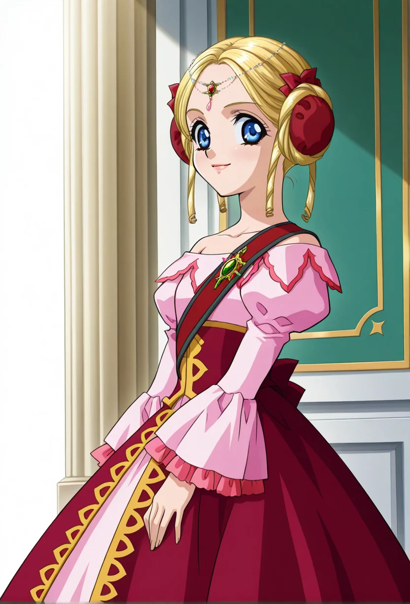 indoor, palace,
light smile, looking at viewer, from side,
cowboy shot, dynamic angle,
BREAK,
<lora:shineX_illustriousXL_v01:1.2>
shinedef, double bun, blonde hair, blue eyes, hair bun, parted bangs, jewelry, drill sidelocks, hair loops,
shinedefdress, puffy sleeves, frilled dress, pink dress, pink frills, bare shoulders, collarbone, layered dress, decorative hem, red waist clothes, ankle-length dress, red corset,, source_anime, very aesthetic, anime coloring, masterpiece, official art,
best quality, amazing quality, ultra detailed, very aesthetic,
detailed background,
BREAK,