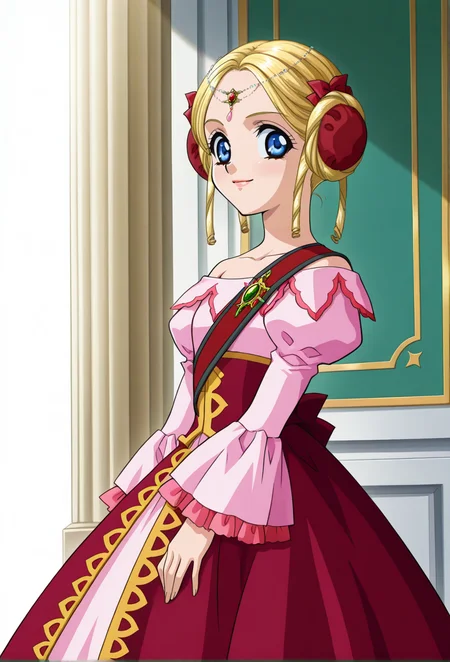 indoor, palace,
light smile, looking at viewer, from side,
cowboy shot, dynamic angle,
BREAK,
<lora:shineX_illustriousXL_v01:1.2>
shinedef, double bun, blonde hair, blue eyes, hair bun, parted bangs, jewelry, drill sidelocks, hair loops,
shinedefdress, puffy sleeves, frilled dress, pink dress, pink frills, bare shoulders, collarbone, layered dress, decorative hem, red waist clothes, ankle-length dress, red corset,, source_anime, very aesthetic, anime coloring, masterpiece, official art,
best quality, amazing quality, ultra detailed, very aesthetic,
detailed background,
BREAK,