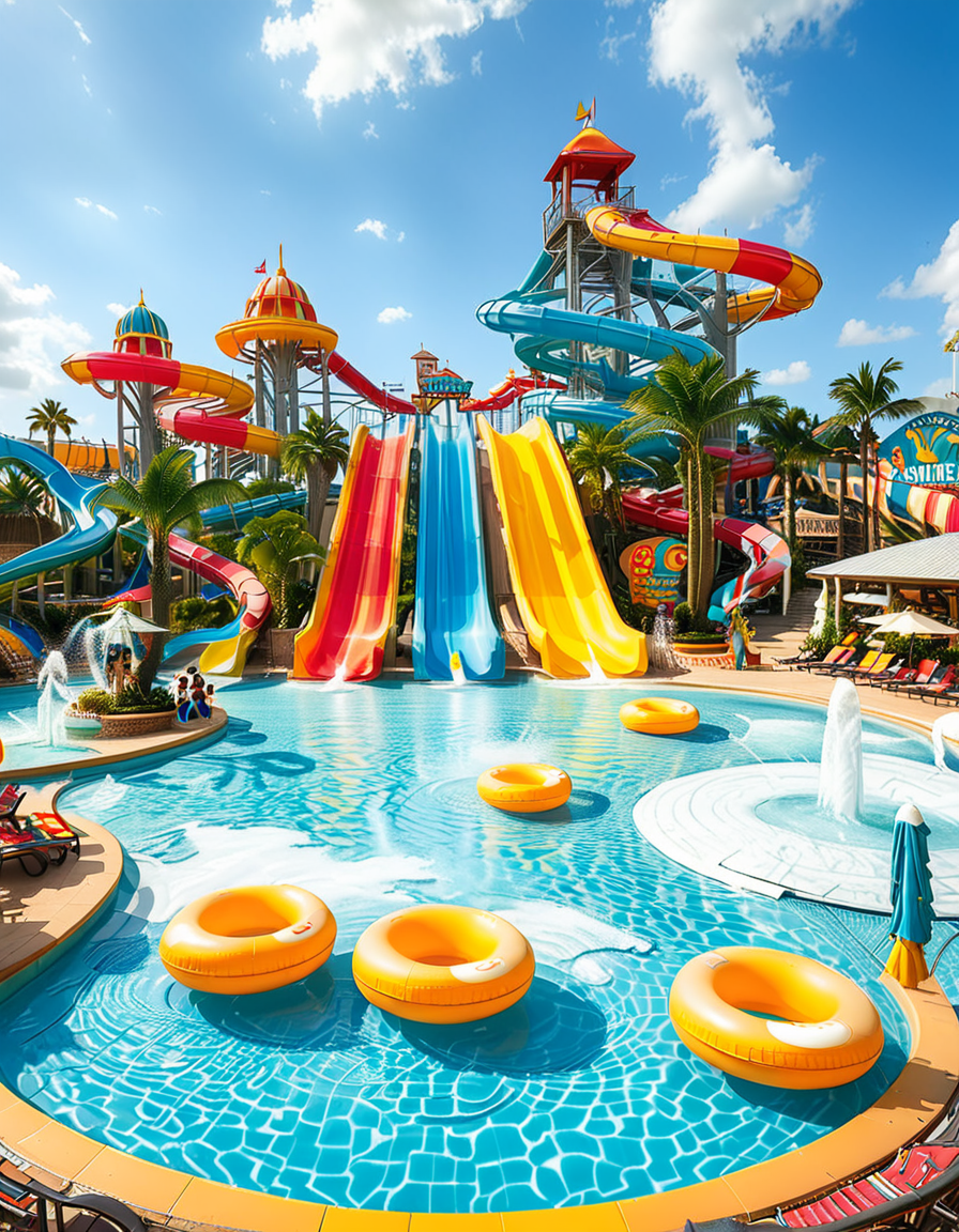 A vibrant and exciting water park on a sunny summer day, filled with families and friends enjoying the attractions. In the foreground, a massive twisting water slide with bright colors (blue, yellow, and red) spirals down into a large, crystal-clear pool. People are mid-air, splashing into the water with big smiles and excitement on their faces. To the left, a lazy river with inflatable tubes gently floats visitors under small waterfalls and palm trees. In the center, a giant wave pool creates artificial waves, with children and adults riding them on inflatable boards. A tall, multi-story play structure with water cannons, tipping buckets, and small slides is surrounded by kids laughing and playing. The background features lounge chairs with sunbathers, colorful umbrellas, and a snack bar selling ice cream and drinks. The sky is bright blue with fluffy white clouds, and the sunlight reflects off the wet surfaces, enhancing the cheerful summer atmosphere. The overall mood is fun, energetic, and full of joy.
<lora:SDXLFaeTastic2400:0.4> <lora:extremely_detailed:0.4> extremely detailed, <lora:water_p4rk:1>,water p4rk, Masterpiece,best quality,hi res,8k,hi res,8k,award winning,(sharp focus, intricate, highly detailed),