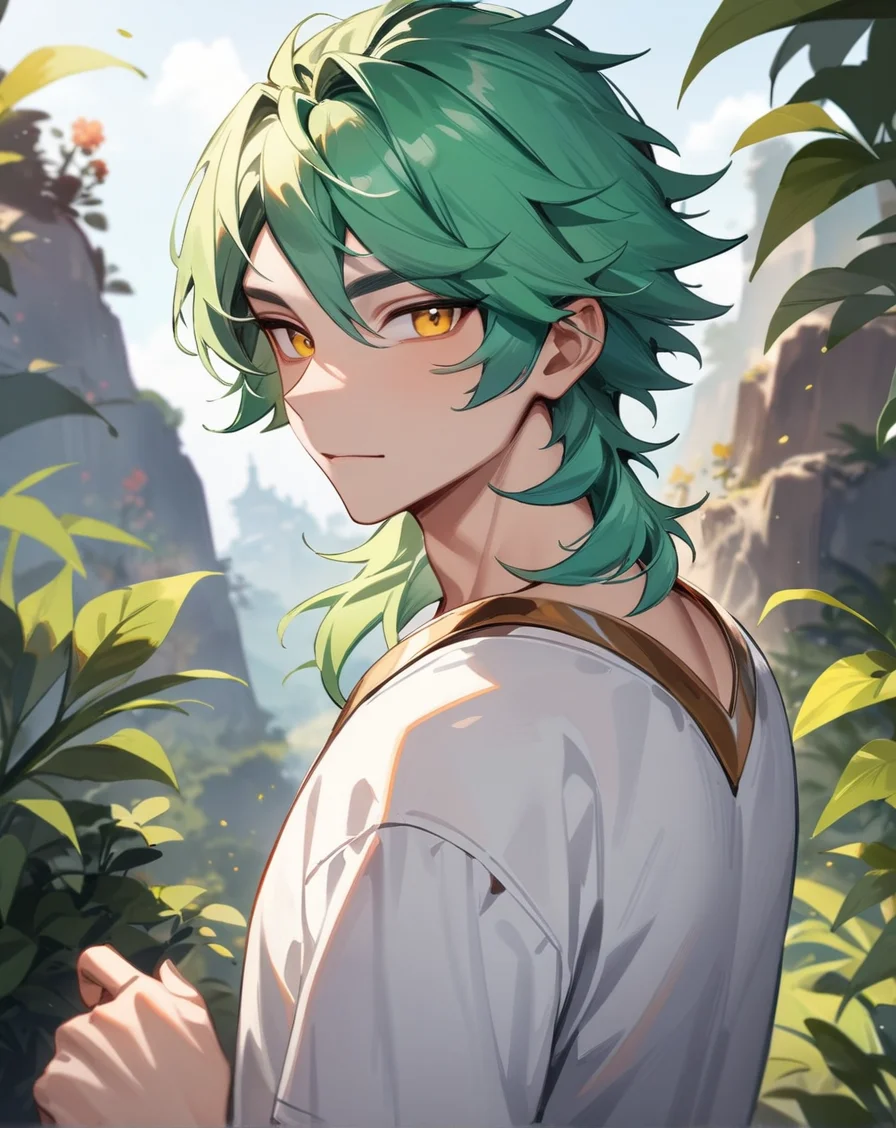 1boy, solo, male only, male focus, upper body, <lora:ezreal_sdxl_lora:1>, (ezreal, green hair, yellow eyes), outdoors, looking at viewer, masterpiece, best quality, very aesthetic, absurdres, very detailed, sensitive, <lora:Lightning-8:0.5>