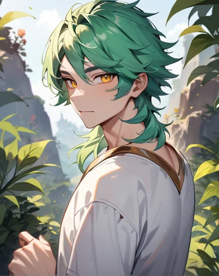 1boy, solo, male only, male focus, upper body, <lora:ezreal_sdxl_lora:1>, (ezreal, green hair, yellow eyes), outdoors, looking at viewer, masterpiece, best quality, very aesthetic, absurdres, very detailed, sensitive, <lora:Lightning-8:0.5>