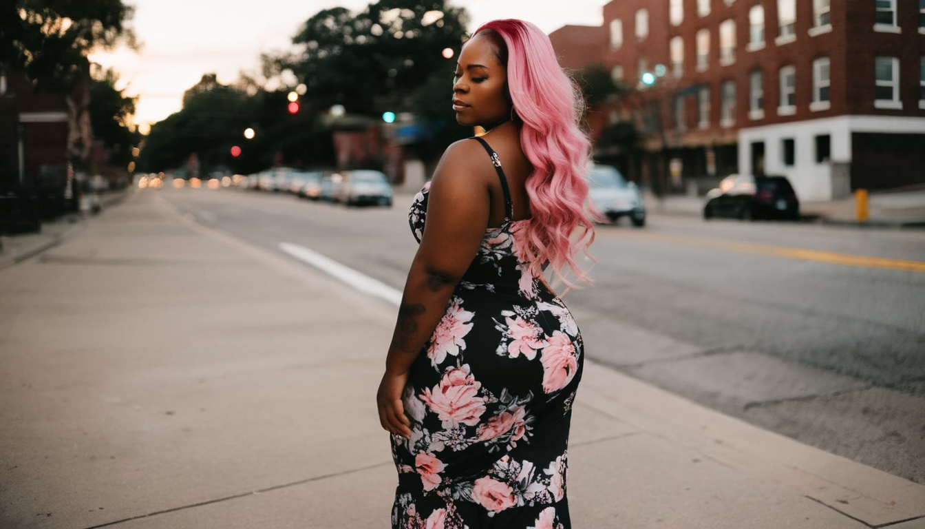 photo of  a black woman by Melissa Stemmer, beautiful floral dress, long pink hair, standing on the street  <lora:melissa-stemmer-1.0:1>