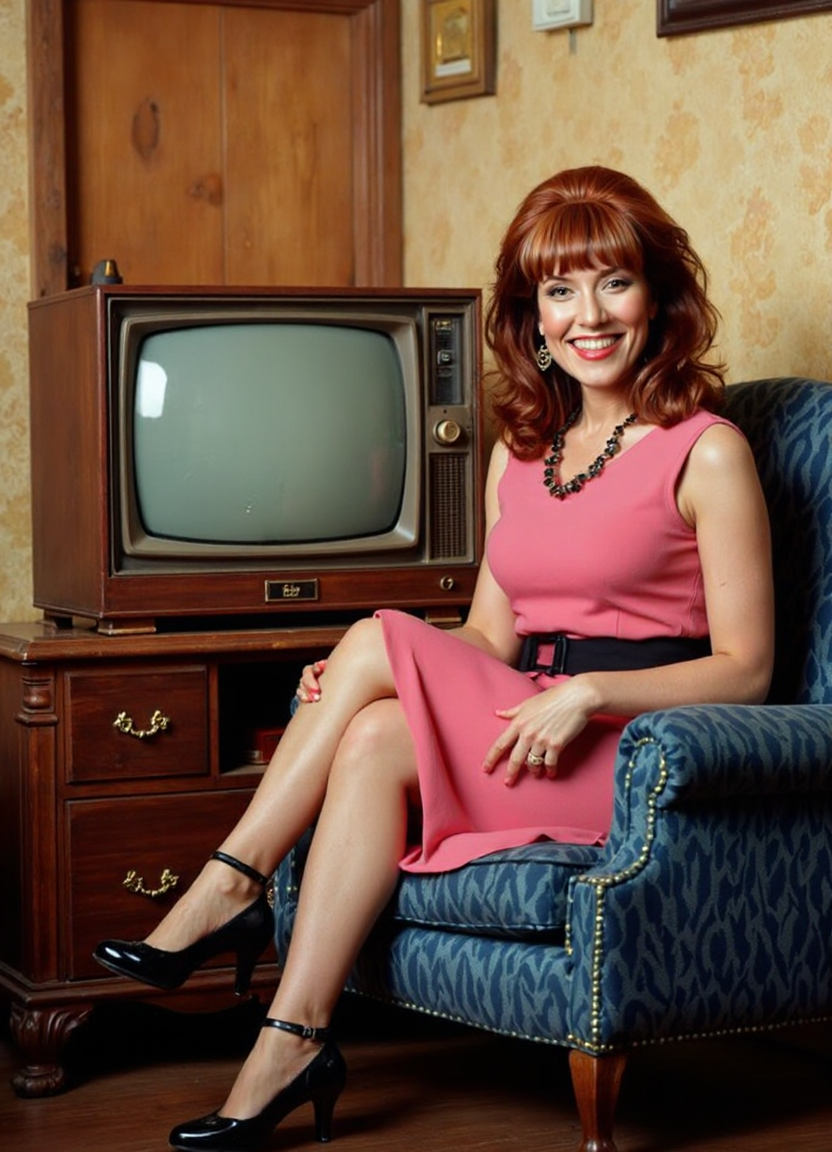 SFW, brightly lit, The image shows a woman sitting on a blue armchair in front of an old-fashioned television. The television is turned on and the screen is turned off. The woman is wearing a pink dress and black high heels. She has e hair styled in a short bob and is smiling at the camera. The background shows a wooden door and a beige wall. The overall mood of the image is vintage and nostalgic., aidmaimageupgrader<lora:flux\custom\celebrity\peg-bundy.safetensors:1.1:1.1> <lora:turbo-8-step-flux.safetensors:0.5:0.5> <lora:flux\style\Common\aidmaImageUprader-FLUX-v0.3.safetensors:0.25:0.25>