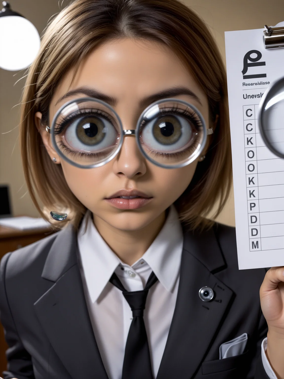 <lora:bigeyes-v2_16x8-4x1-000003:1>,
a realistic photograph of woman with big eyes
wearing a suit
reading a checklist holding a magnifying glass