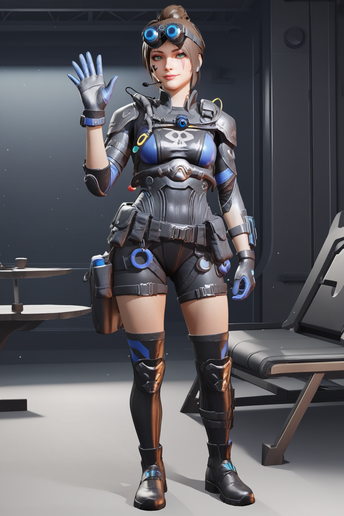 score_9, score_8_up, score_7_up, score_6_up, BREAK, AliasDeepDCODXL, scar on face, green eyes, brown hair, short hair, single hair bun, headset, googles on head, medium breasts, black armor, shoulder pads, blue bodysuit, black bodysuit, multicolored bodysuit, skull print, blue gloves, black belt, black shorts, black thighhighs, black boots, solo, full body, standing, waving, looking at viewer, indoors <lora:AliasDeepDCODXL:0.8>