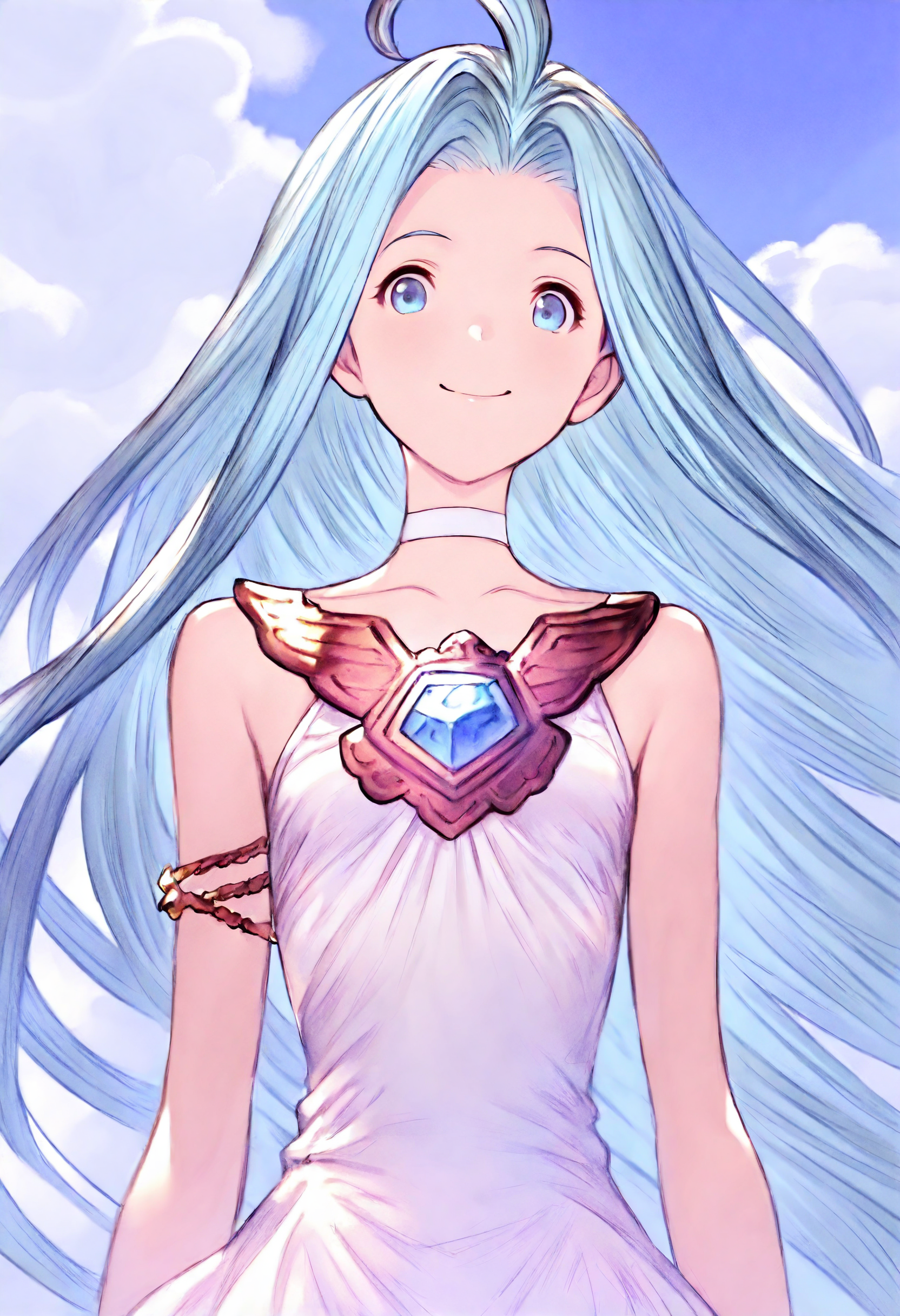 masterpiece, best quality, very aesthetic, absurdres, highly detailed, kyoto animation,
1girl, solo, upper body, smile, looking at viewer, floating hair, 
lyria \(granblue fantasy\), very long hair, blue hair, ahoge, white choker, bare shoulders, skinny, small breasts, white dress,
blue sky, cloud, 
<lora:Lyria_Granblue_Fantasy_Illustrious-XL:1>