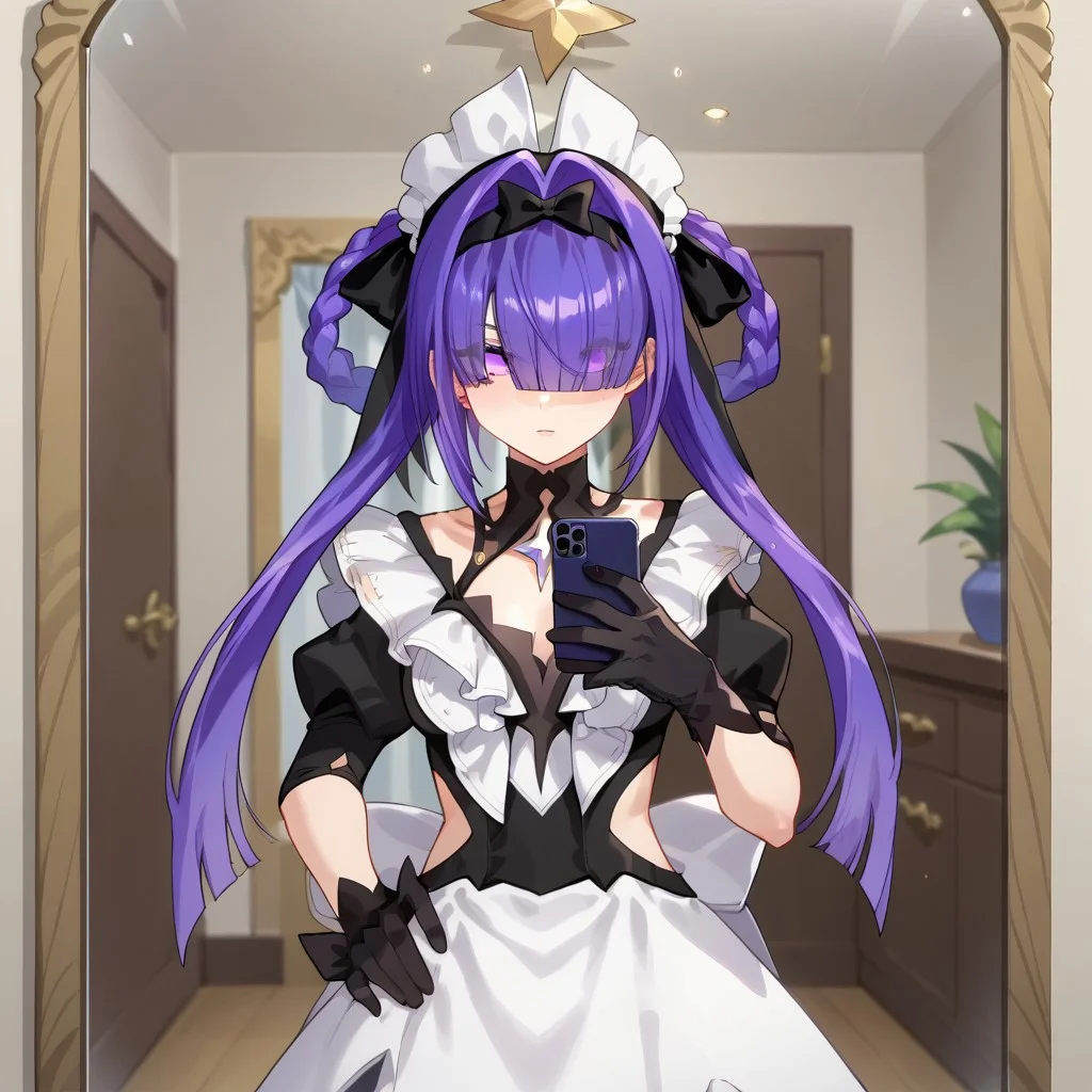 Expressiveh,1girl, tnvt,  purple hair, purple eyes, maid headdress, long hair, hairband, blunt bangs, braid, hair bow, black gloves, apron, hair rings, eyes visible through, hair over one eye, twintails, star (symbol),, mirror, room, standing, holding phone, selfie, solo, hand on own hip, score_9, score_7_up,anime coloring ,source_anime, anime, anime screencap, from behind