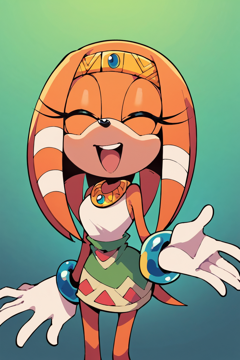 score_9,  score_8_up, 2D, flat color, 1girl, flat background, green gradient background, portrait, above shoulder, tikal the echidna from sonic (series), wide hips, narrow waist, happy expression, closed eyes, open mouth, separate eyes <lora:TikalSDXL:0.70>  <lora:Smooth Anime 2 Style SDXL_LoRA_Pony Diffusion V6 XL:1>