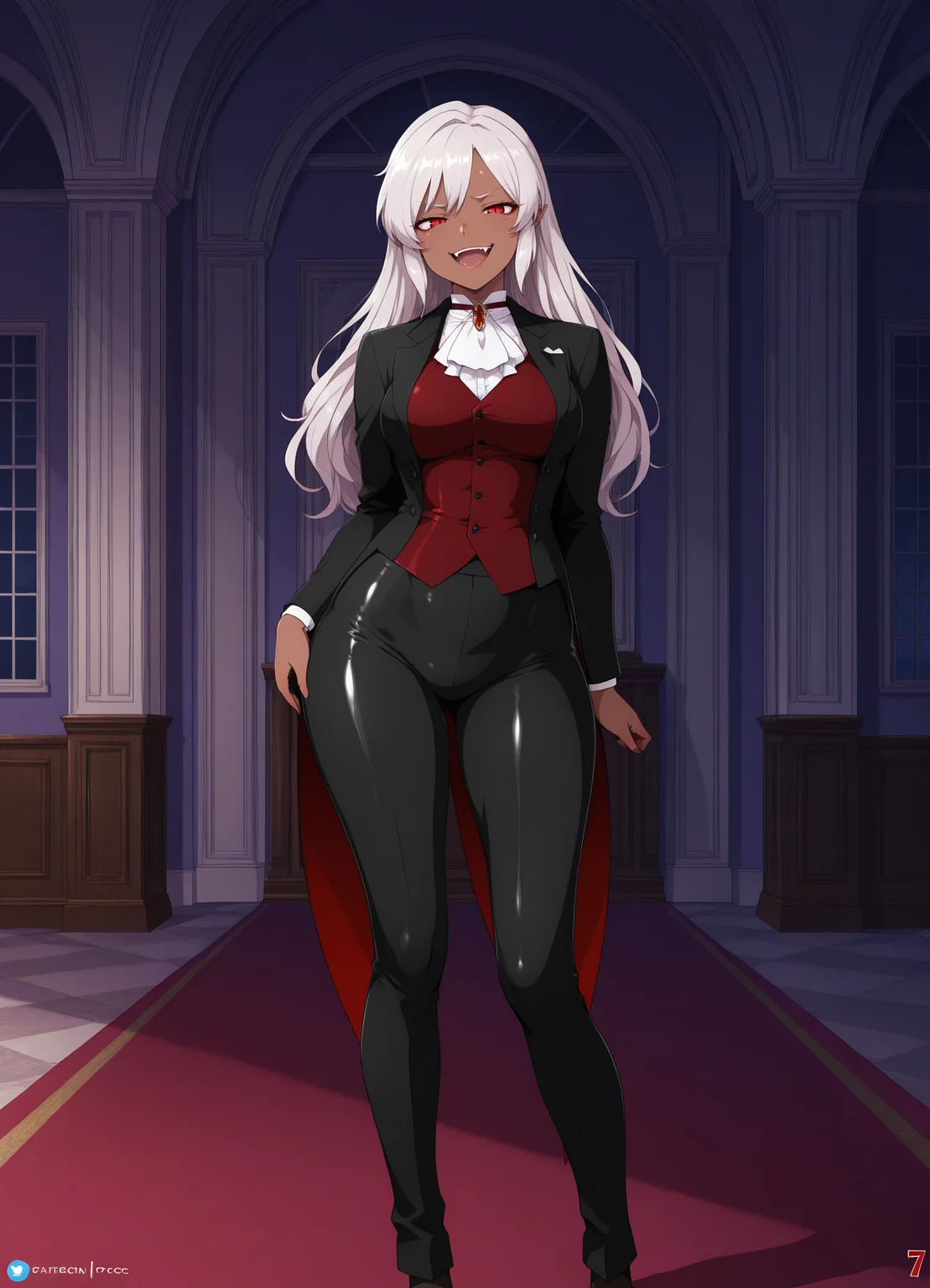 masterpiece, best quality, amazing quality, very aesthetic, absurdres, highres, newest,
1girl, solo, vampire, white hair, dark-skin, dark skinned female, (tailcoat,tuxedo,frock coat:1.2), thighhighs, looking at viewer, standing, red eyes, mansion,bedroom, trousers,shirt,vest, smug, smirk, shiny skin, (medium breasts:1.3), thick, fang, half-open mouth,
<lora:Illustrious_StormFedeR_style:1>