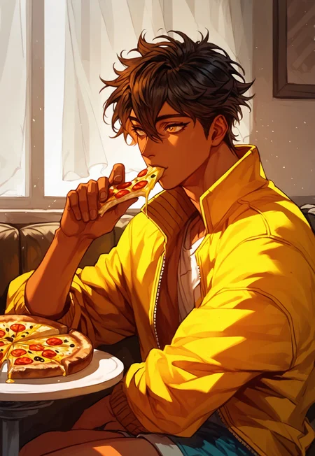 score_9, score_8_up, score_7_up, anime, best quality, 1male, short hair, black hair, brown hair, hair between eyes, golden eyes, bright eyes, brown skin, handsome, brown eyelashes, long eyelashes, Roman nose, toned,
,
,
dynamic pose, character design, calm look, calm,
,
,
cowboy shot, indoors, restaurant, sitting, pizza, eating pizza, joy, happy, cheese strings, open jacket, jacket, loose-fitting T-shirt, shorts
