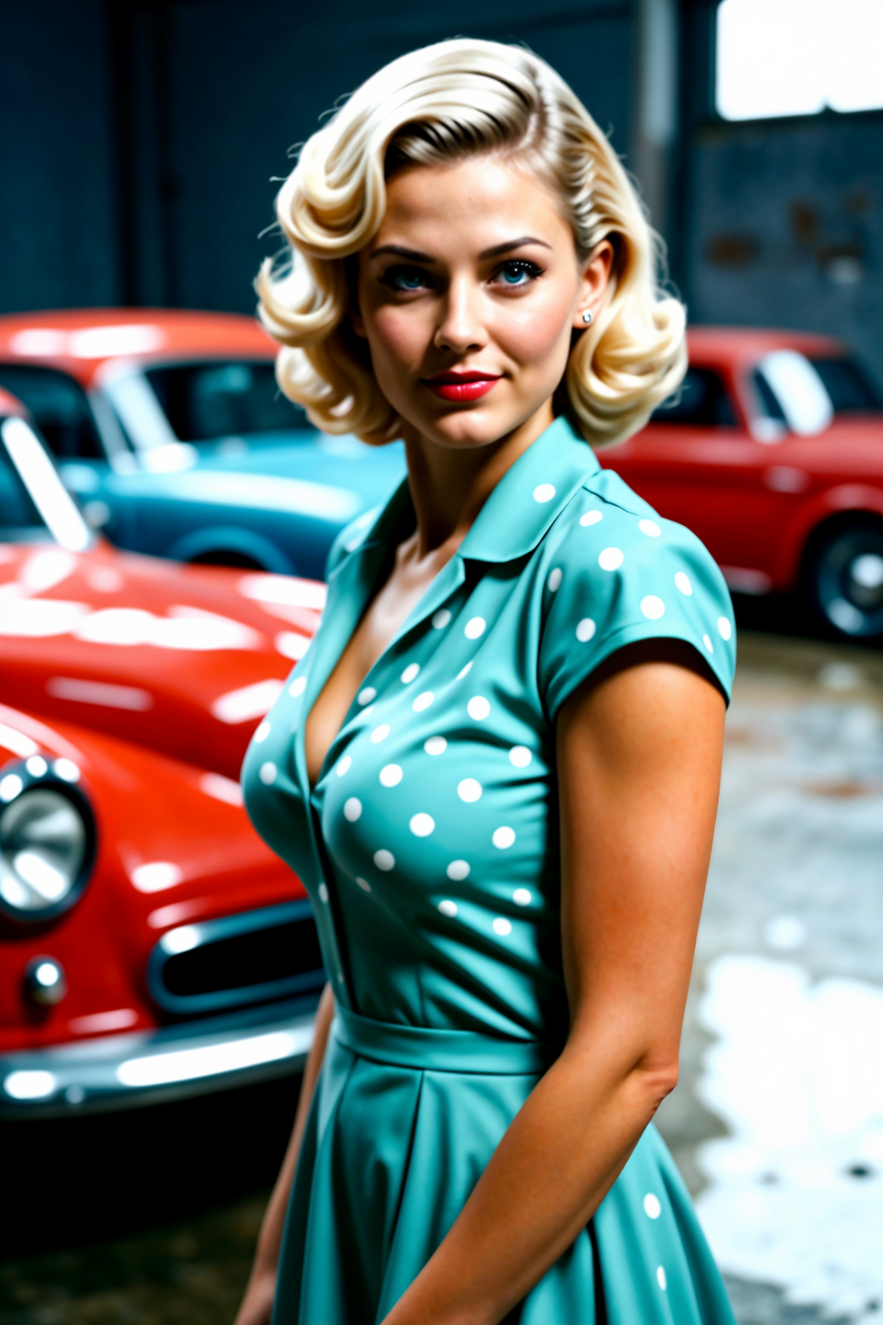 in a garage with old cars.

photo of a bleached blonde woman wearing a pale blue polkadot dress. ((1940s hairstyle)). (raised eyebrow, slight smile:0.9)

1950s pinup aesthetic.

RAW photo, masterpiece, photorealistic, 8k, stunning blue eyes, skin detail, skin pores, blemishes