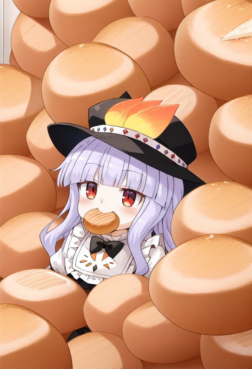 1girl, oshiromi reshino, EtherPDXLStyle, general, bread on mouth, masterpiece, best quality