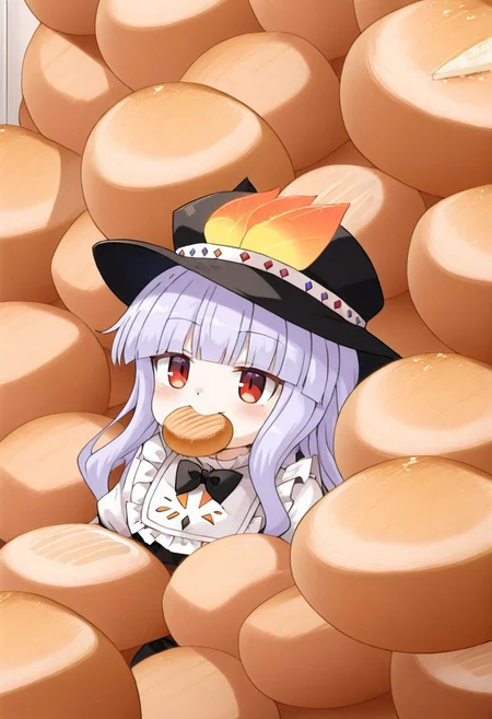 1girl, oshiromi reshino, EtherPDXLStyle, general, bread on mouth, masterpiece, best quality