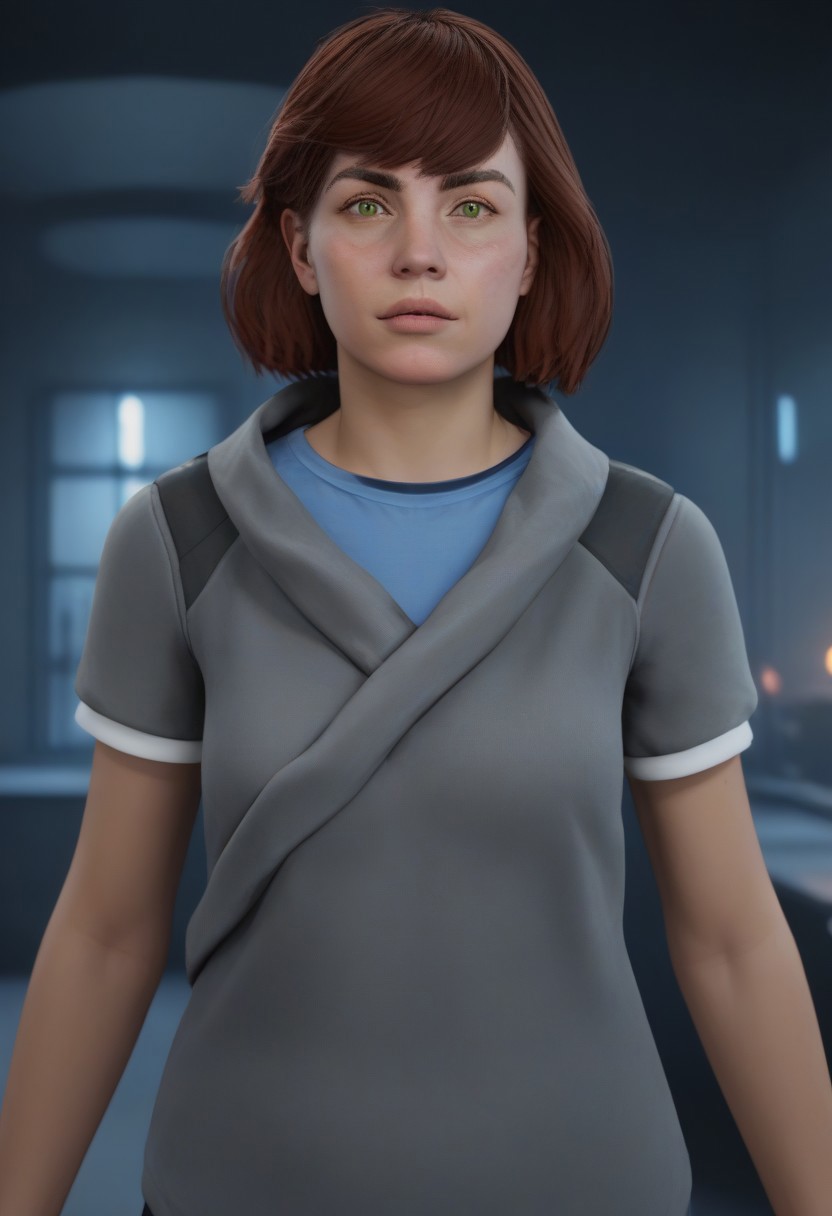 score_9, score_8_up, score_7_up, photo of hrznsbk, 1girl, green eyes, auburn hair, bobcut, grey sweater, blue t-shirt, cowboy shot, parted lips, petite, indoors, sci-fi room, holograms, red glowing fog, haze, floating ashes, evil ambience, front lighting, unique angle, unique framing, looking at viewer, parted lips, ((masterpiece))