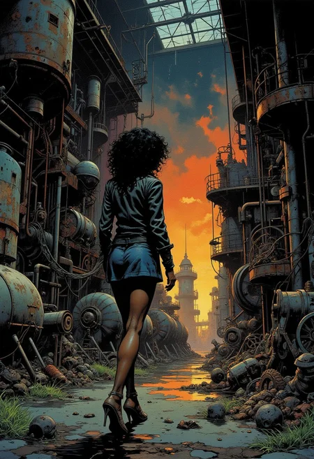 Comic book style 8k high quality digital painting , masterpiece, very detailed, ultra realistic, (best quality) very detailed epic masterpiece, a black woman almost seen from back while walking away, entire figure, curly hair, no face visible. She wears a black leather jacket, straight short blue silk skirt. Heeled strap sandals at feet. A backpack is hanging from her right shoulder. She is walking inside a huge abandoned factory at sunset, ambient in dim light, dark and dirty, (((angle view))), full of rusty machinery, tanks, gearboxes, chains and worn electric cables, graffiti everywhere, sheds and side windows with light rays coming through, the floor littered with debris and small water puddles, grass growing in floor cracks, drops falling from above. noir atmosphere, heroic fantasy, fna_style, Comic book style