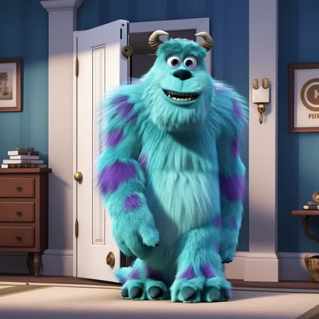Sully1024, a furry opening a door in a bedroom, detailed eyes, highly detailed, photography, ultra sharp, film, bokeh, professional, 4k  <lora:add-detail-xl:1.5>  <lora:Sully1024:0.8>