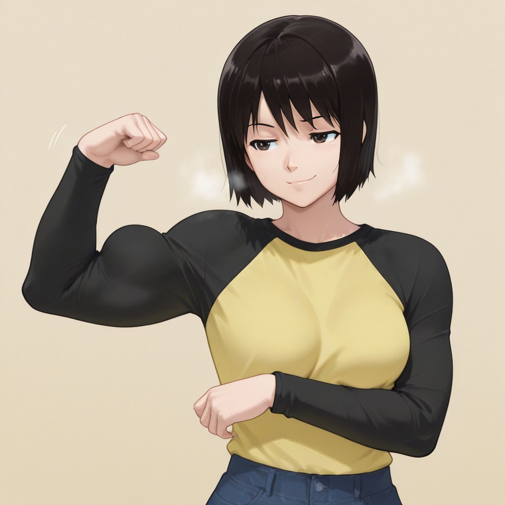 (1girl,Nakahara_Misaki, upper body) ,masterpiece, best quality, high resolution, absurdres, 1girl, nakahara_misaki, brown_eyes, black_hair, short_hair, bob_cut, small_breasts, yellow_shirt, raglan_sleeves, (long_sleeves, tight sleeves:1.75), black_sleeves, denim_skirt, blue_skirt, simple back ground,  smug smirk, (single bicep pose:1.6), flexing, muscular, big muscles, steaming body