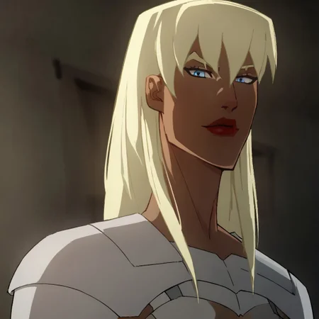 score_9, score_8_up, score_7_up, 1girl, solo, lipstick, blonde hair, long hair, blue eyes, breast, armor, pelvic curtain, Gilotina (dc), looking at viewer, indoors